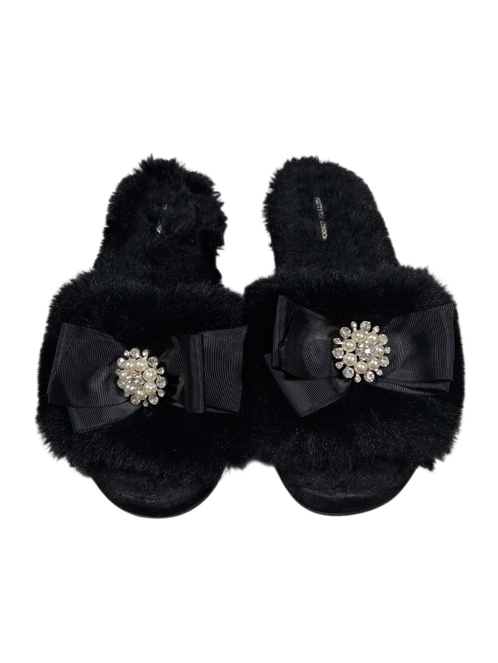 Pretty You London Anya Faux Fur Slippers Black Bow Pearl Womens Large 8 9
